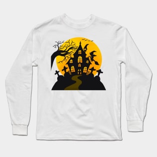 Halloween House Scary Graveyard Witch on Broom Long Sleeve T-Shirt